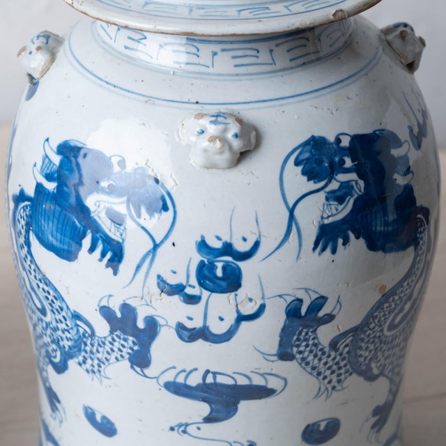 Pair of Chinese Blue and White Glazed Dragon Jars With Foo Dog Lid Finials For Sale - Image 4 of 8