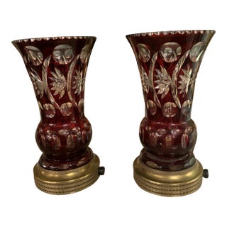 Antique Cranberry Crystal Table Lamps - Pair For Sale