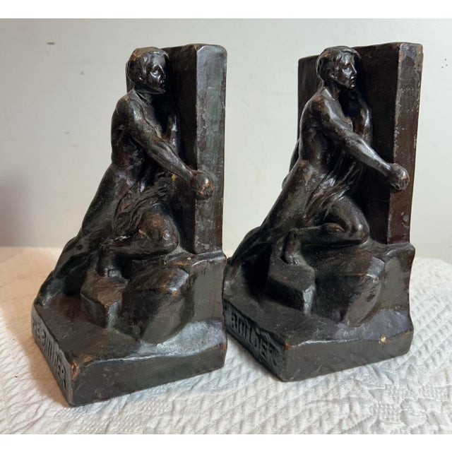1920s Antique Pompeian Bronze Clad Bookends Figural Man ‘The Builder’ For Sale - Image 5 of 8