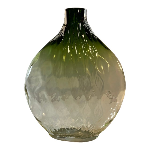 Art Glass Narrow Oval Ombre Green Diamond Pattern Vase For Sale