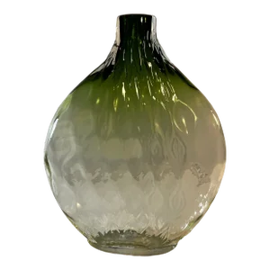 Art Glass Narrow Oval Ombre Green Diamond Pattern Vase