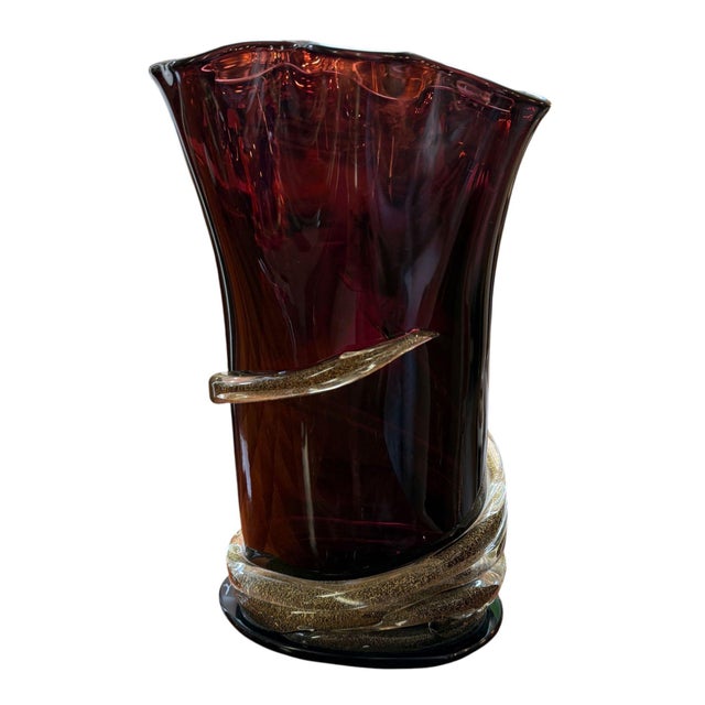 An exceptional Murano art glass vase by Camozzo, masterfully hand-blown in deep dark amethyst glass with an elegant...