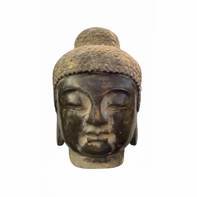 2020s Chinese Oriental Black Gray Stone Carved Buddha Head Figure For Sale - Image 5 of 5