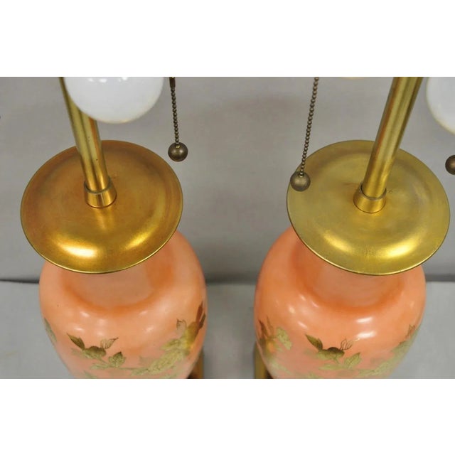 Ceramic Vintage Marbro Chinoiserie Salmon Coral Pink Porcelain Table Lamps - A Pair For Sale - Image 7 of 12