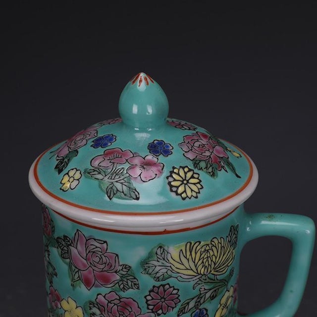 Vintage Chinese Porcelain Lidded Mug, Turquoise Hand Painted Floral Cup For Sale - Image 4 of 6