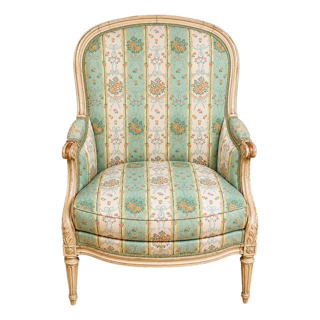 Mid-Century Louis XVI Style Lacquered Bergère Chair with Floral Fabric, 1950s For Sale