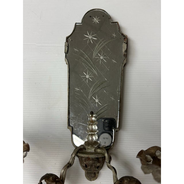 Antique Early 20th Century Etched Mirror Dual Arm Wall Sconces, Pair For Sale In San Francisco - Image 6 of 12