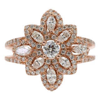 18k 750 Solid Rose Gold Floral Natural Diamond Ring, Size 7 For Sale