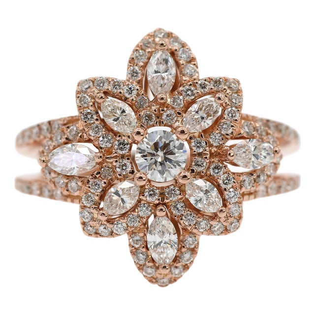 18k 750 Solid Rose Gold Floral Natural Diamond Ring, Size 7 For Sale