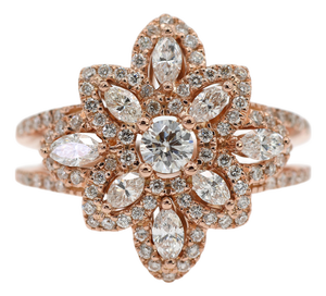 18k 750 Solid Rose Gold Floral Natural Diamond Ring, Size 7