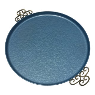 Mid 20th Century Metal Cerulean Blue Tray With Scroll Brass Handles For Sale