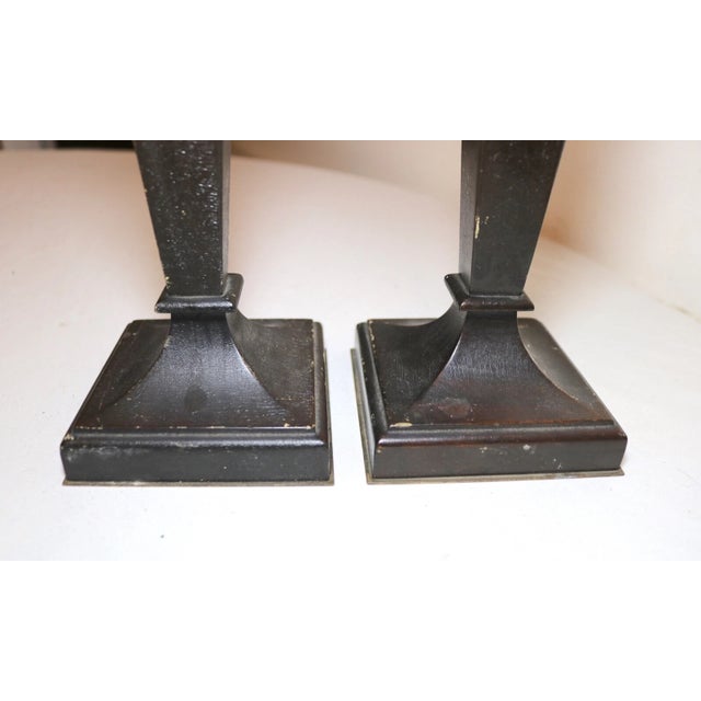 Pair Antique 1800's Hand Carved English Wood Brass Candlesticks Candle Holders For Sale - Image 4 of 10