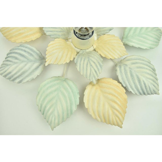 Yellow Vintage Pastel Flush Mount or Wall Sconce Leafs Green Peach Light Blue | Mid Century Hollywood Regency Ceiling Lamp Toleware Retro 1980s For Sale - Image 8 of 10
