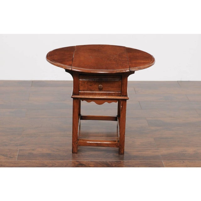 Late 19th Century English Drop-Leaf Yew Wood Side Table with Single Drawer and Side Stretcher For Sale - Image 10 of 11