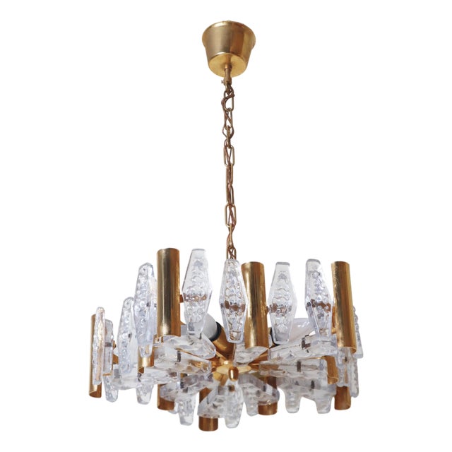 Gilded and Crystal Glass Chandelier from Orrefors, Sweden, 1970s For Sale