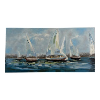 Very Large Contemporary Sailboat Seascape Painting – Blue & White Nautical Regatta Scene For Sale