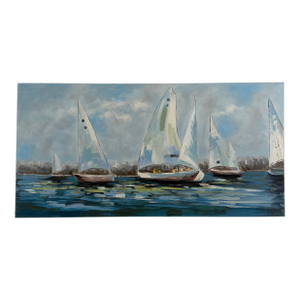 Very Large Contemporary Sailboat Seascape Painting – Blue & White Nautical Regatta Scene