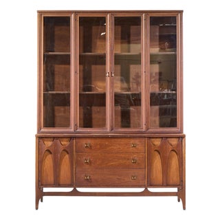 Broyhill Brasilia Mid Century Walnut and Brass Credenza and Hutch For Sale