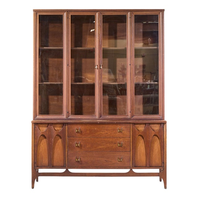 Broyhill Brasilia Mid Century Walnut and Brass Credenza and Hutch For Sale