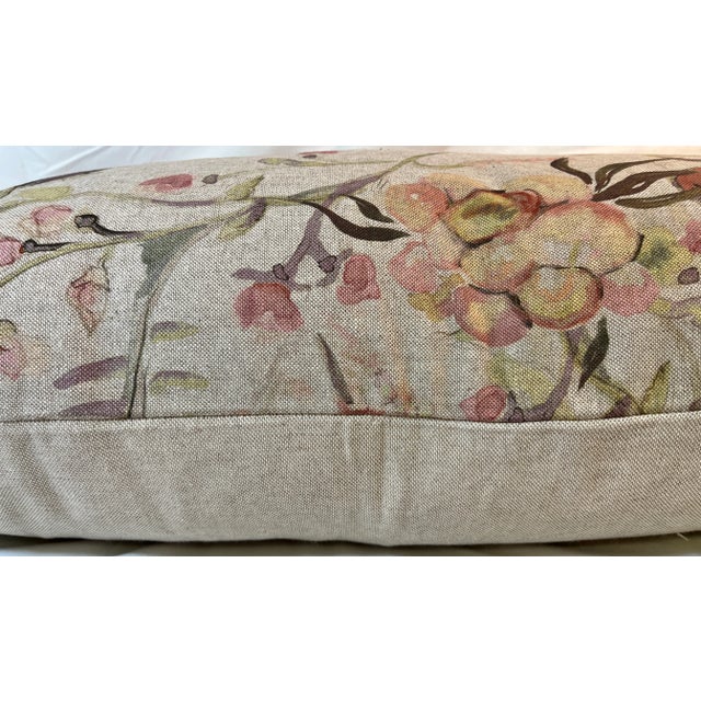 Large Bolster Pillow Decorated With a Delicate Water Color Look Floral Pattern of Soft Pinks, Greens & Oranges - Made in the U K For Sale - Image 10 of 12