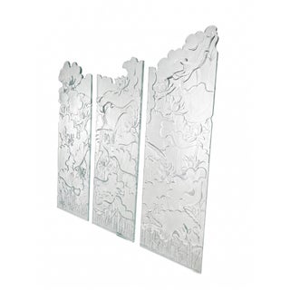 Hand-Carved Floral Glass Folding Room Divider – Sculptural 3-Panel Screen For Sale