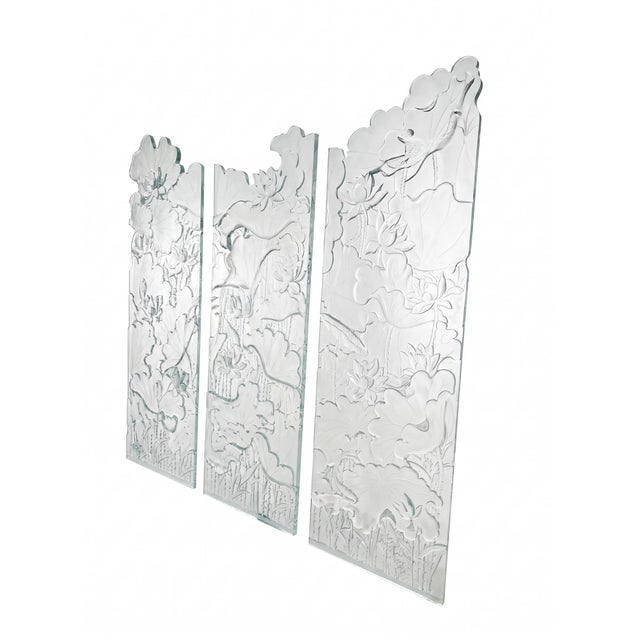 Hand-Carved Floral Glass Folding Room Divider – Sculptural 3-Panel Screen For Sale