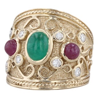 Vintage Ornate Emerald Ruby Diamond Ring 14k Yellow Gold Size 6.25 For Sale