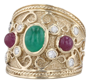 Vintage Ornate Emerald Ruby Diamond Ring 14k Yellow Gold Size 6.25