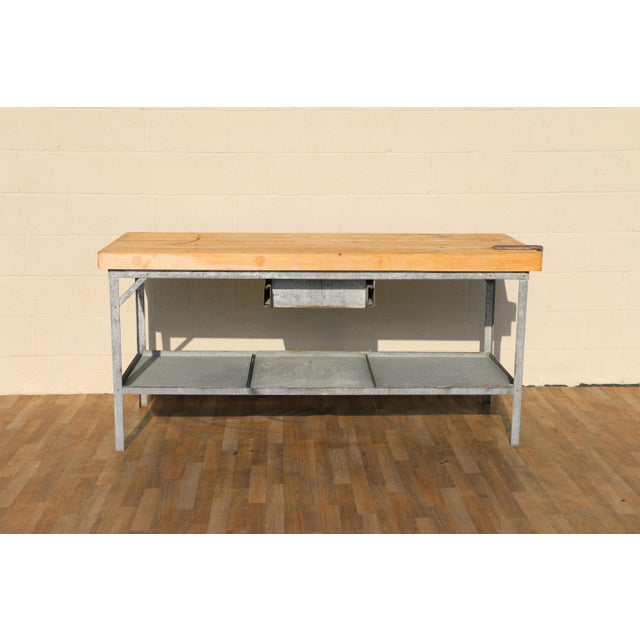 1950s Industrial Butcher Block Workstation Table With Steel Frame, Drawer & Removable Galvanized Trays For Sale - Image 12 of 18