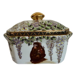 Late 19th C. Antique Japanese Lidded Porcelain Box With Monkeys & Wisteria For Sale