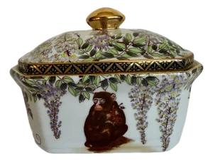 Late 19th C. Antique Japanese Lidded Porcelain Box With Monkeys & Wisteria