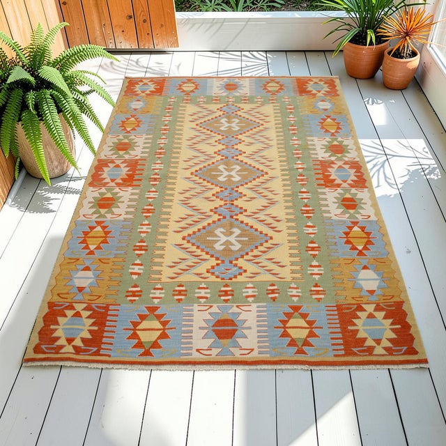 Hand Woven Super Fine Turkish Oushak Kilim Ultra Quality Flat Weave Wool Rug - 3′9″ × 5′4″ For Sale - Image 4 of 16