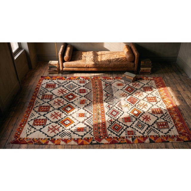 1930s Ivory Geometric Tribal Antique African Moroccan Rug 6'4" X 11'0" Handknotted Wool Carpet For Sale - Image 9 of 9
