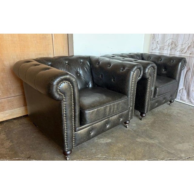 English Pair of English CHesterfield Club Chairs- Tufted Armchairs For Sale - Image 3 of 18