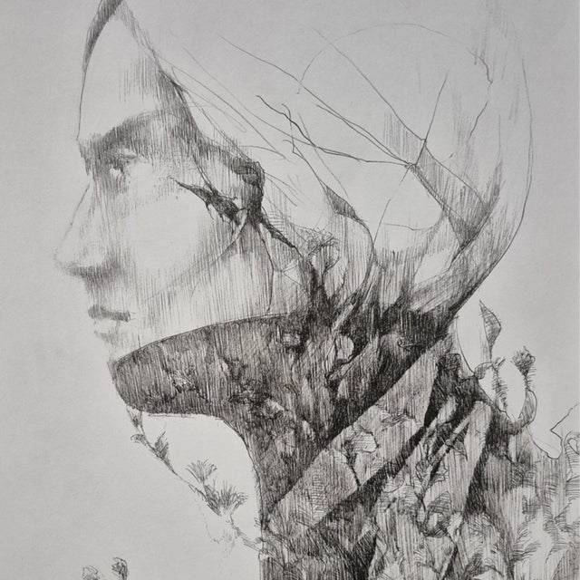 Rafal Kolinski, Faces, Profile with Flowers, Portrait, Original Ink Drawing on Paper, 2026 For Sale - Image 4 of 8