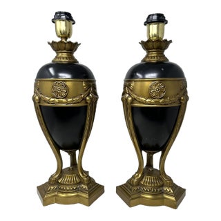 Antique Vintage Pair Cobalt Blue Gold Bronzed Porcelain Electric Table Lamps For Sale