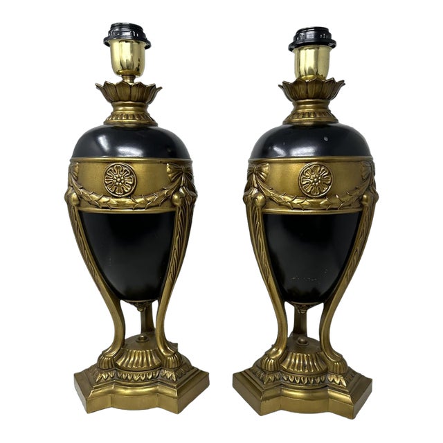 Antique Vintage Pair Cobalt Blue Gold Bronzed Porcelain Electric Table Lamps For Sale