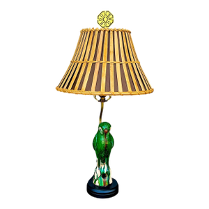 Antique Chinese Export Pottery Parrot Roof Tile Table Lamp W / Bamboo Shade