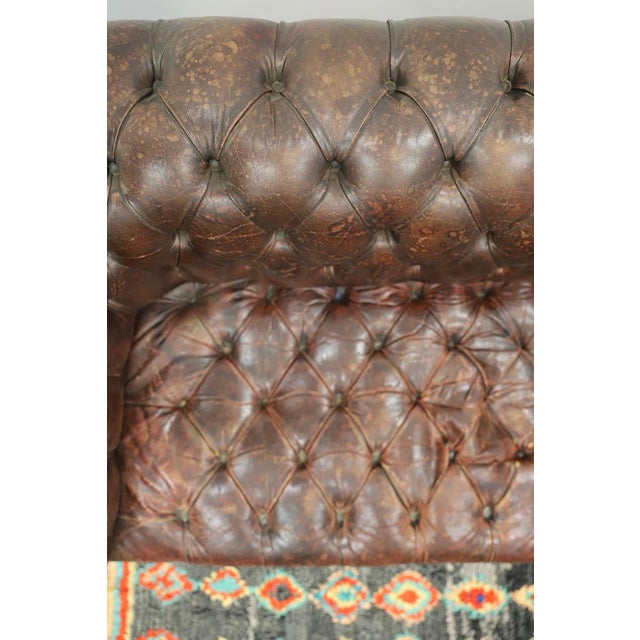 1950s Vintage Mid-Century Aged Brown Tufted Leather Chesterfield Sofa With Great Patina! For Sale - Image 9 of 11