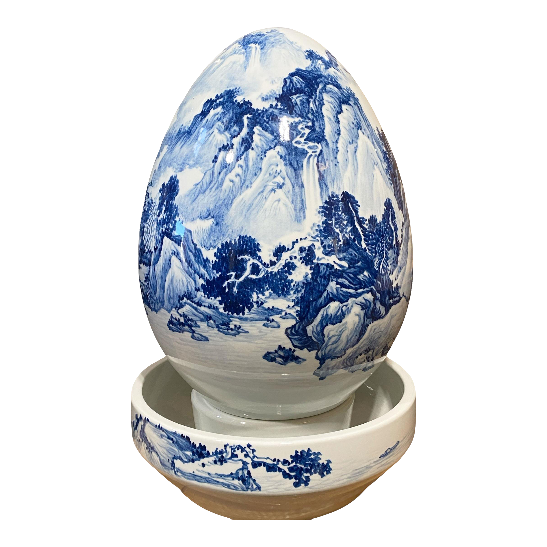Vintage Chinoiserie Blue and White Egg Shaped Water Fountain 23