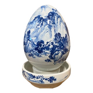 Vintage Chinoiserie Blue and White Egg Shaped Water Fountain 23" H For Sale