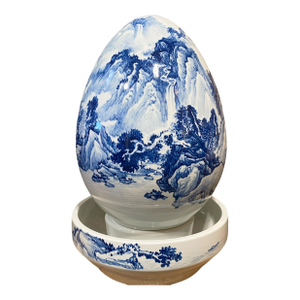 Vintage Chinoiserie Blue and White Egg Shaped Water Fountain 23" H