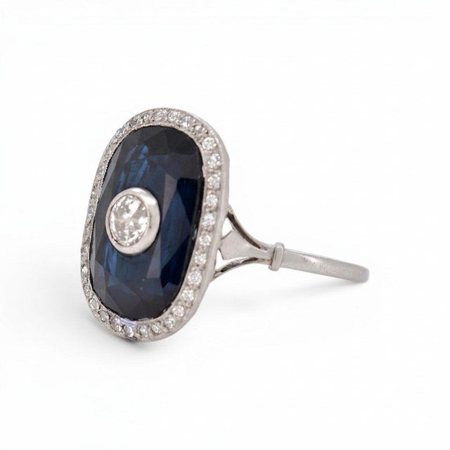 Art Deco Antique Art Deco Cocktail Ring — 10-15ct Natural Sapphire & Old-Cut Diamond, Size 9.5 For Sale - Image 3 of 7