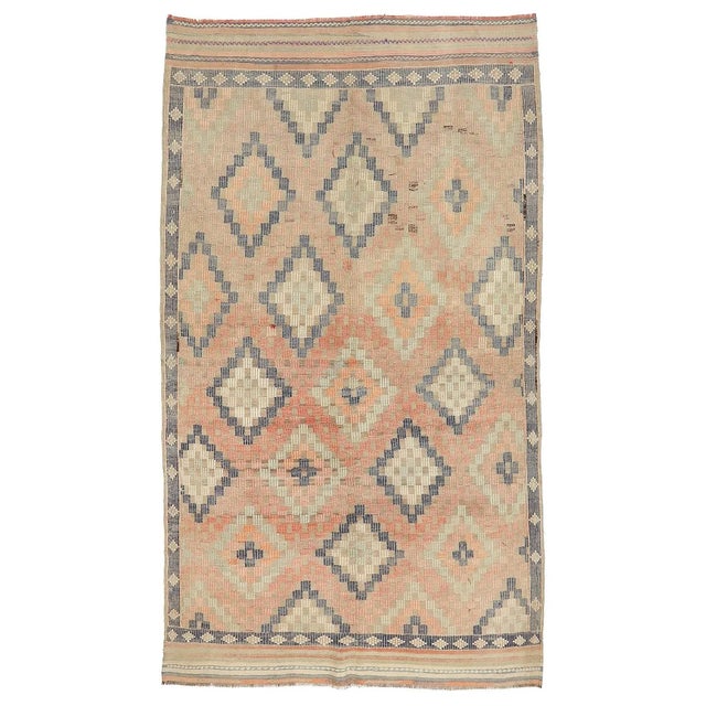 Textile Mid 20th Century Faded Vintage Embroidered Kilim Rug For Sale - Image 7 of 7