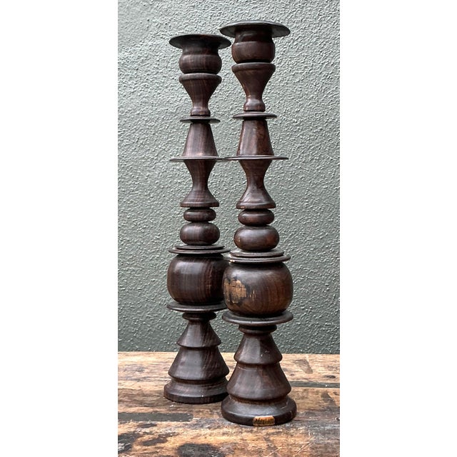 Wood Vintage Turned Wood Candlesticks - A Pair For Sale - Image 7 of 12