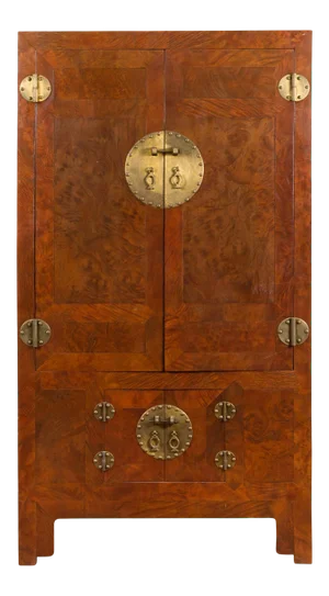 Chinese Hebei Province Early 20th Century Burl Wood Cabinet with Brass Medallion