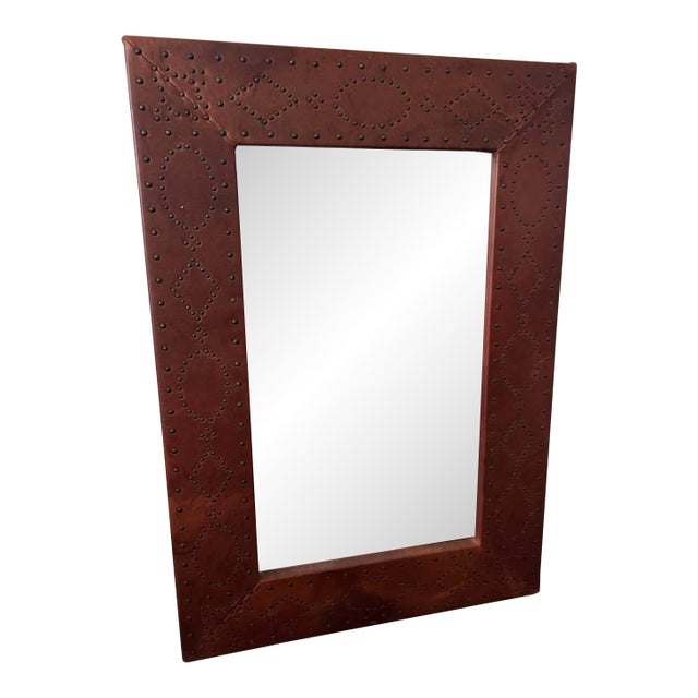 2010's Ralph Lauren Home Safari Leather Brass Nailhead Wall Mirror by Henredon For Sale