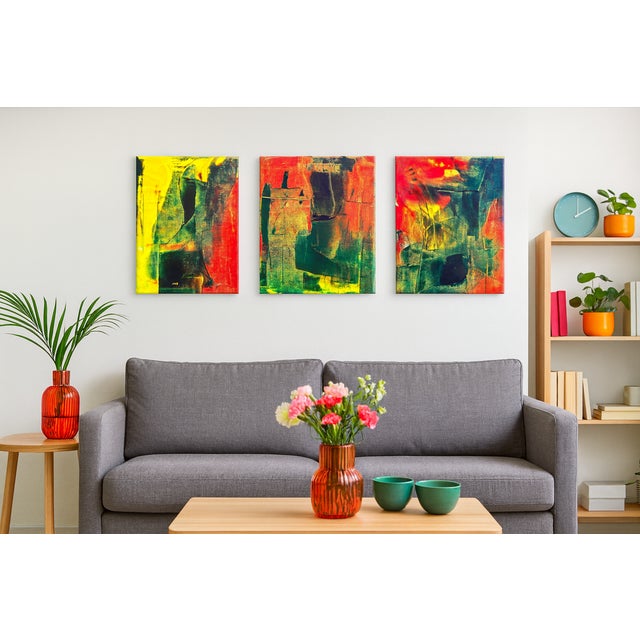 Textile Triptych Jazz Abstract Expressionism Acrylic Painting by Shabs Beigh - Set of 3 For Sale - Image 7 of 8