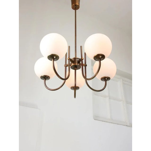 Metal Vintage Italian Brass and Opaline Chandelier in Copper Color, 1970s For Sale - Image 7 of 12