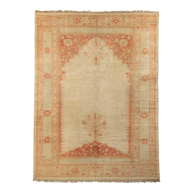 Antique Oushak Rug With Beige Open Field and Floral Patterns, From Rug & Kilim For Sale
